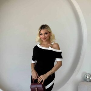Kadın Kısa Kollu Asimetrik Kesim Yaka şerit Ve Aksesuar Detaylı Modal Elbise Giyim