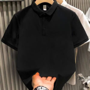 Yakası Düğmeli Yakalı Pike Düz T-Shirt - Siyah Giyim