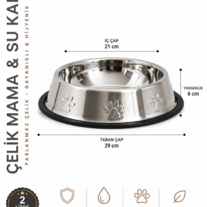 Köpekler İçin Pati Desenli Çelik Mama Su Kabı 30 Cm - 64 Oz - 2 LT ÇELİK MAMA SU KAPLARI