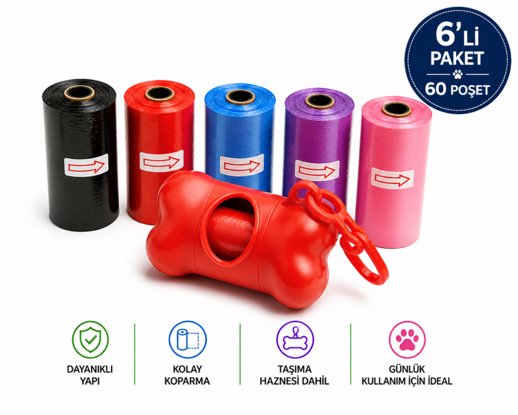 Köpek Dışkı Poşeti 6 rulo + Taşıma Aparatı Hediyeli ( 60 poşet – 6 rulo )